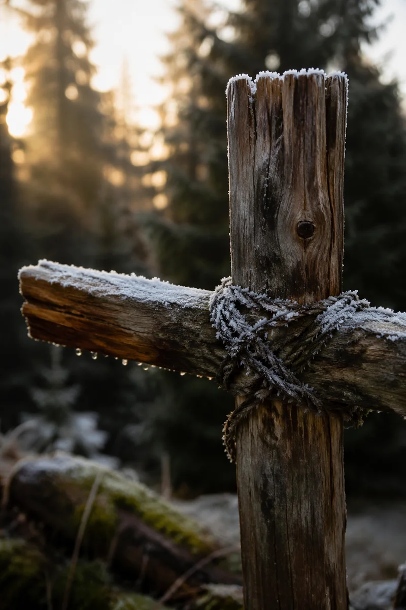 Weathered Wooden Cross in Evergreen Frost