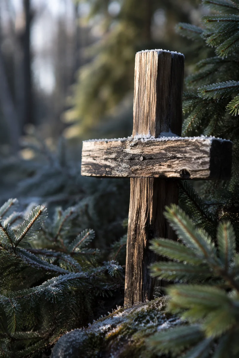 Rugged Wooden Cross Among Evergreen Branches