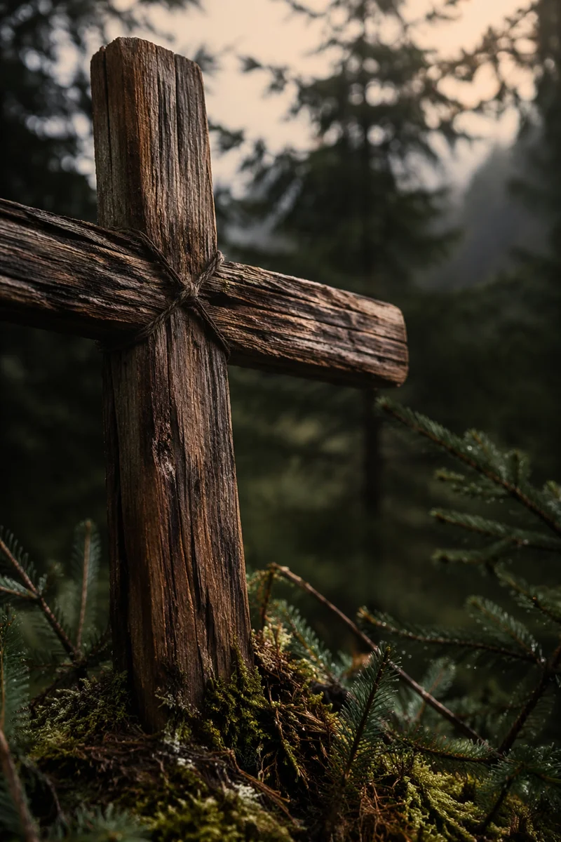Rugged Wooden Cross in Evergreen Forest