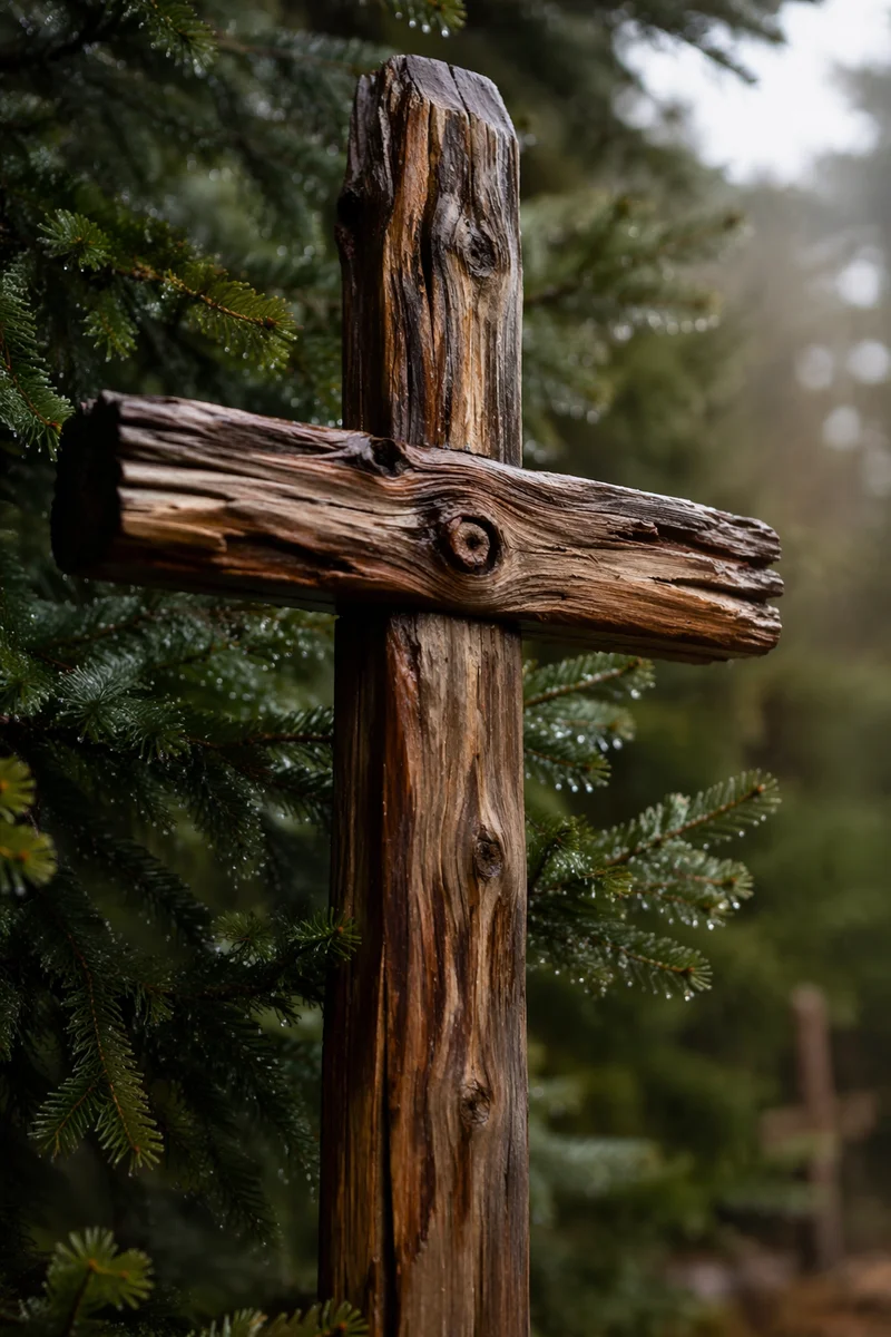 Rugged Wooden Cross Among Evergreens
