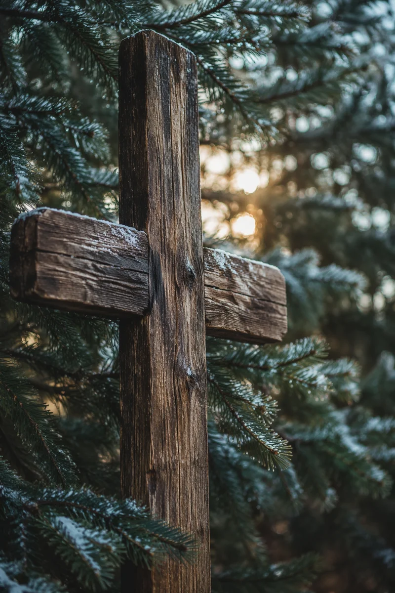 Rugged Wooden Cross Among Evergreen Branches
