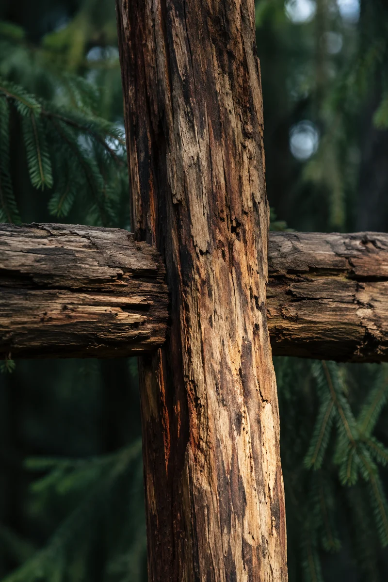 Rugged Wooden Cross in Evergreen Forest