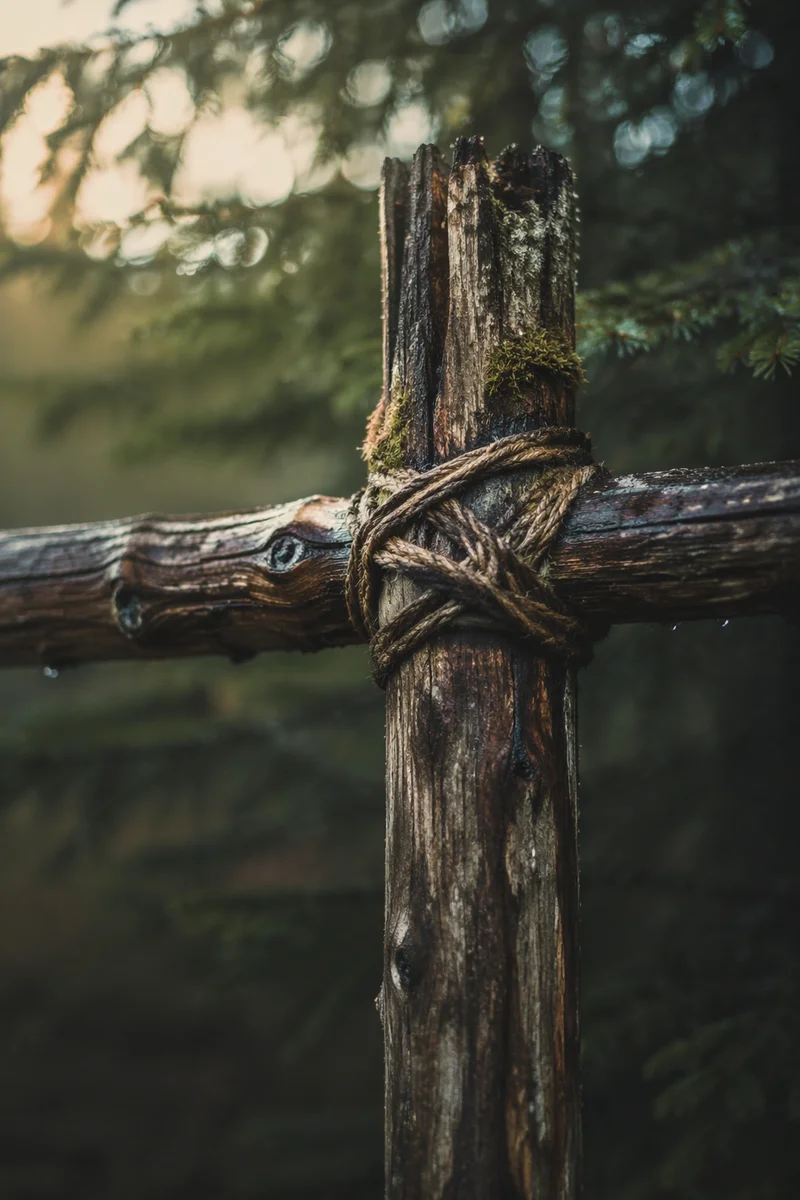Weathered Wooden Cross in Evergreen Dawn