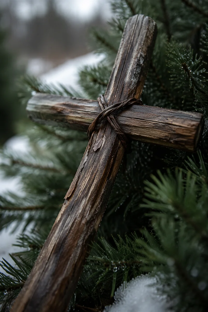 Rugged Wooden Cross in Evergreen Texture