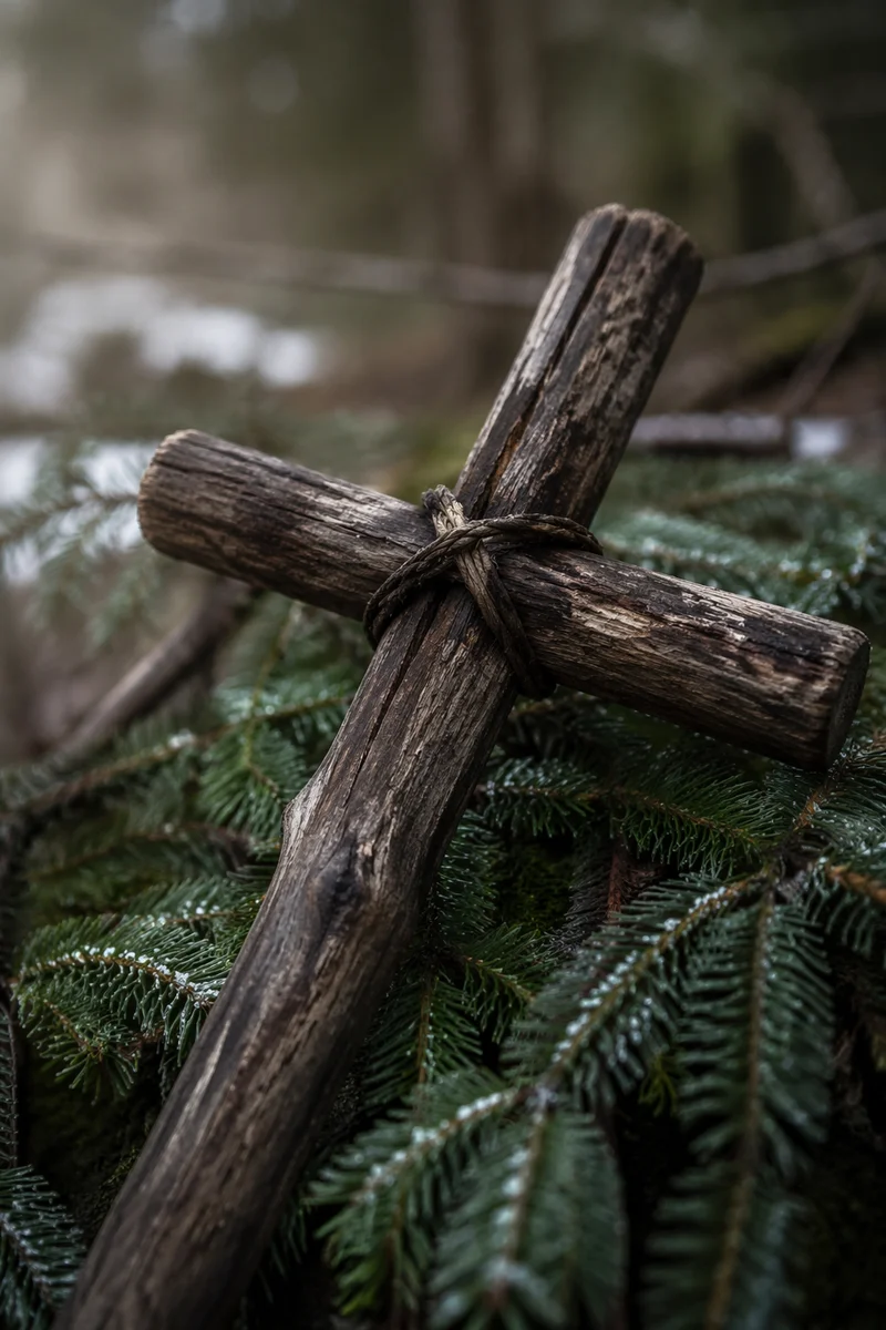 Weathered Wooden Cross Among Evergreen Branches