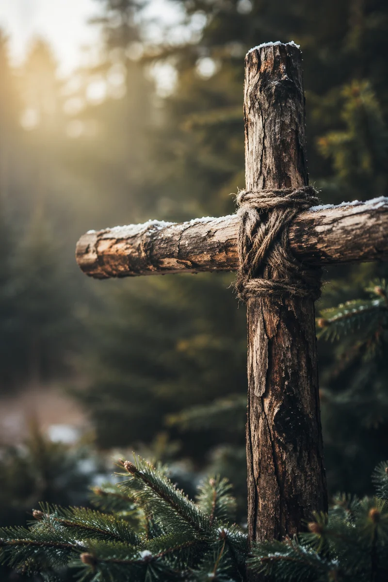 Rugged Wooden Cross in Evergreen Dawn