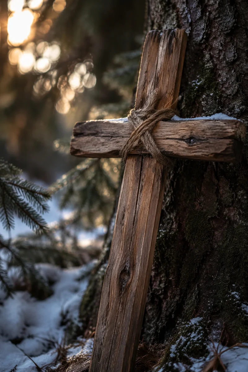 Rugged Wooden Cross by Evergreen Tree