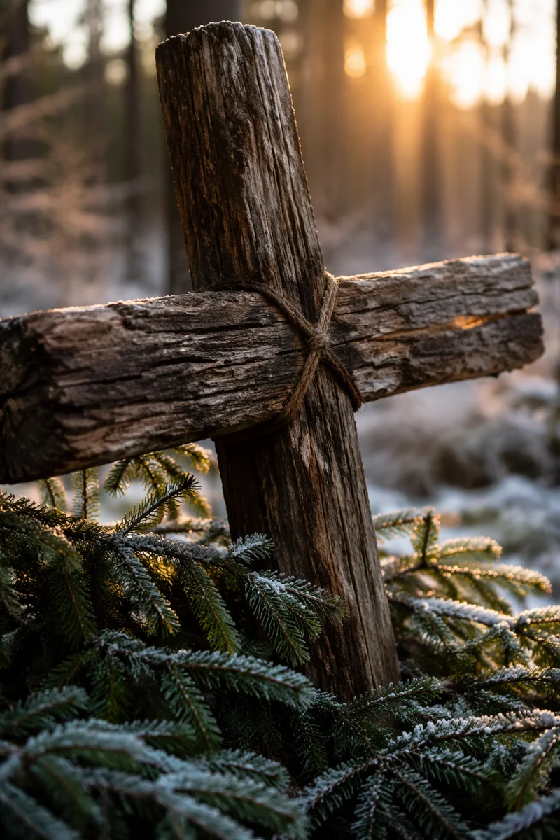 Rugged Wooden Cross Among Frosted Evergreens