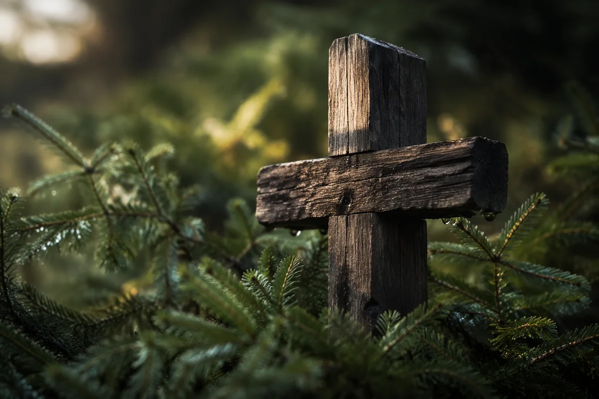 Rugged Wooden Cross in Evergreen Close Up
