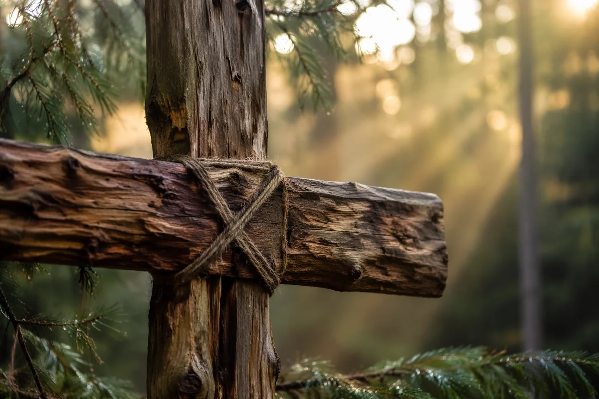 Rugged Wooden Cross in Evergreen Dawn