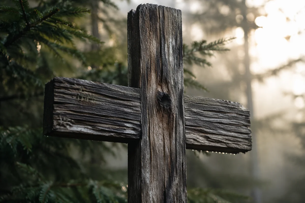 Rugged Wooden Cross in Misty Evergreen Forest