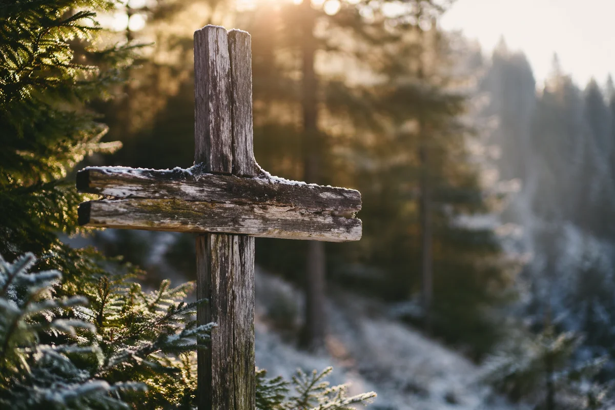Rugged Wooden Cross Among Evergreen Pines