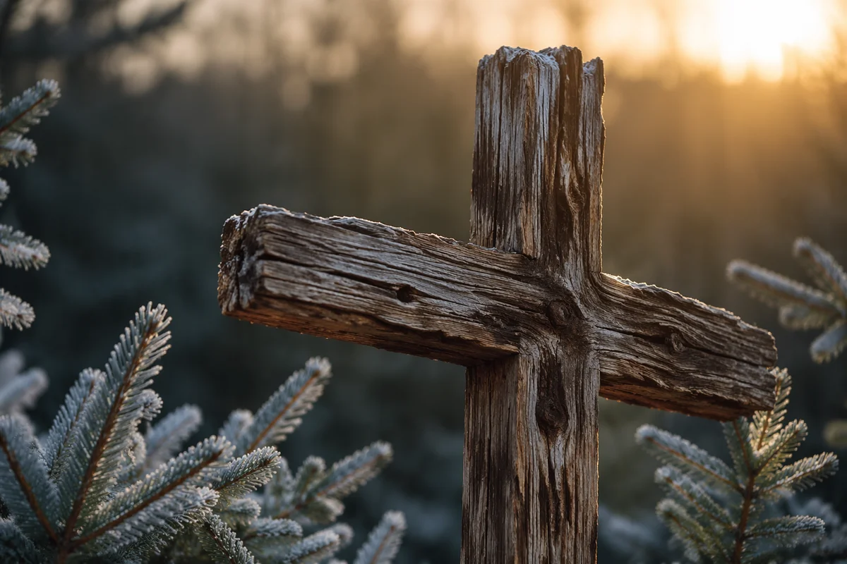 Rugged Wooden Cross Among Frosted Evergreens