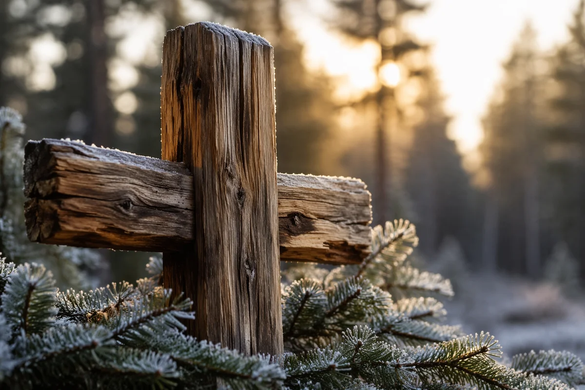 Rugged Wooden Cross Among Frosted Evergreens