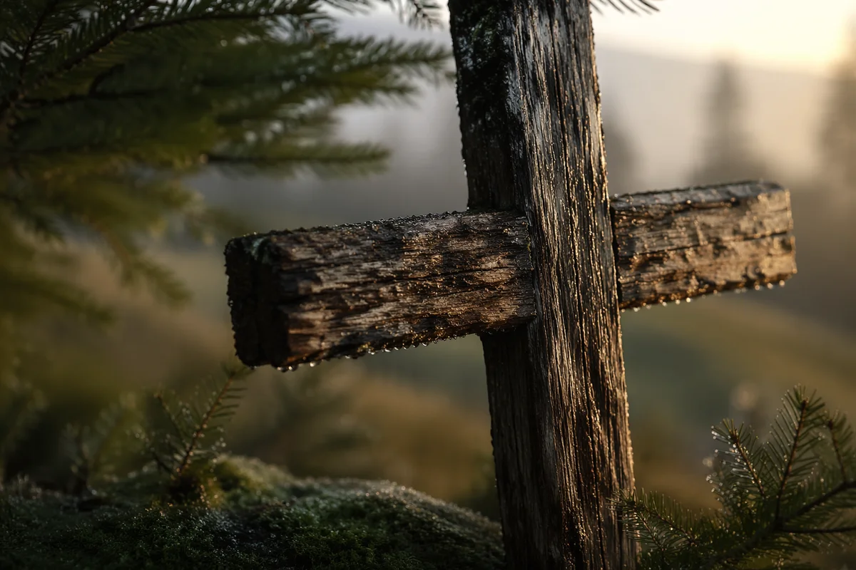 Rugged Wooden Cross in Evergreen Morning Light