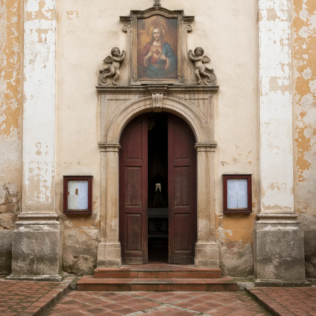 Historic Chapel Facade with Sacred Heart Plaque