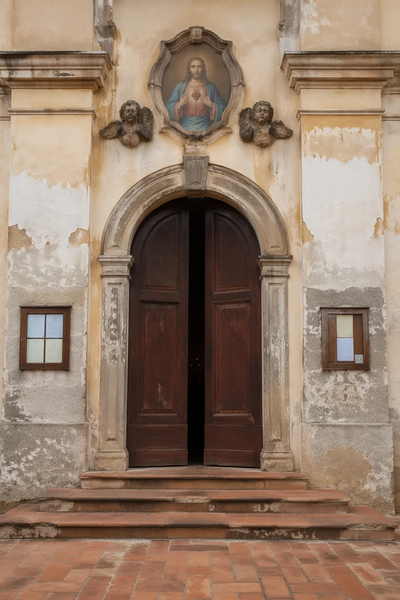 Historic Chapel Facade with Sacred Heart Plaque