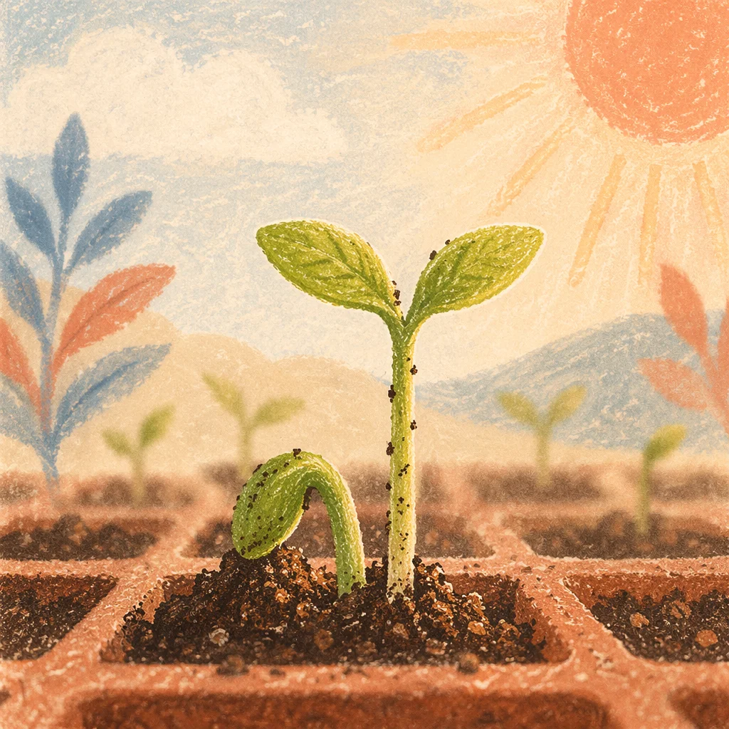 Green Seed Sprout Emerging in Morning Soil