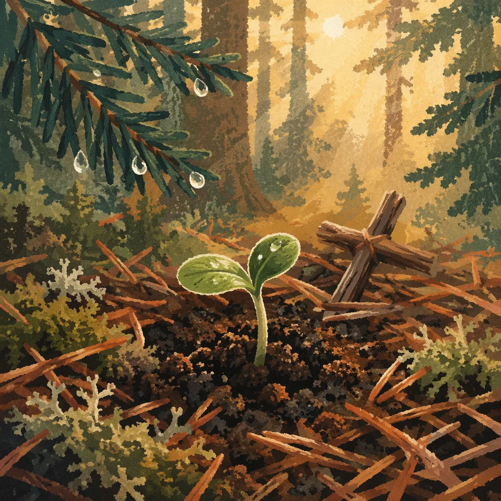 Seedling of Renewal on Evergreen Forest Floor