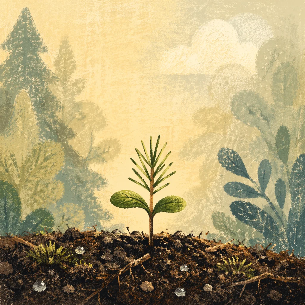 Evergreen Seedling Sprouting in Morning Soil