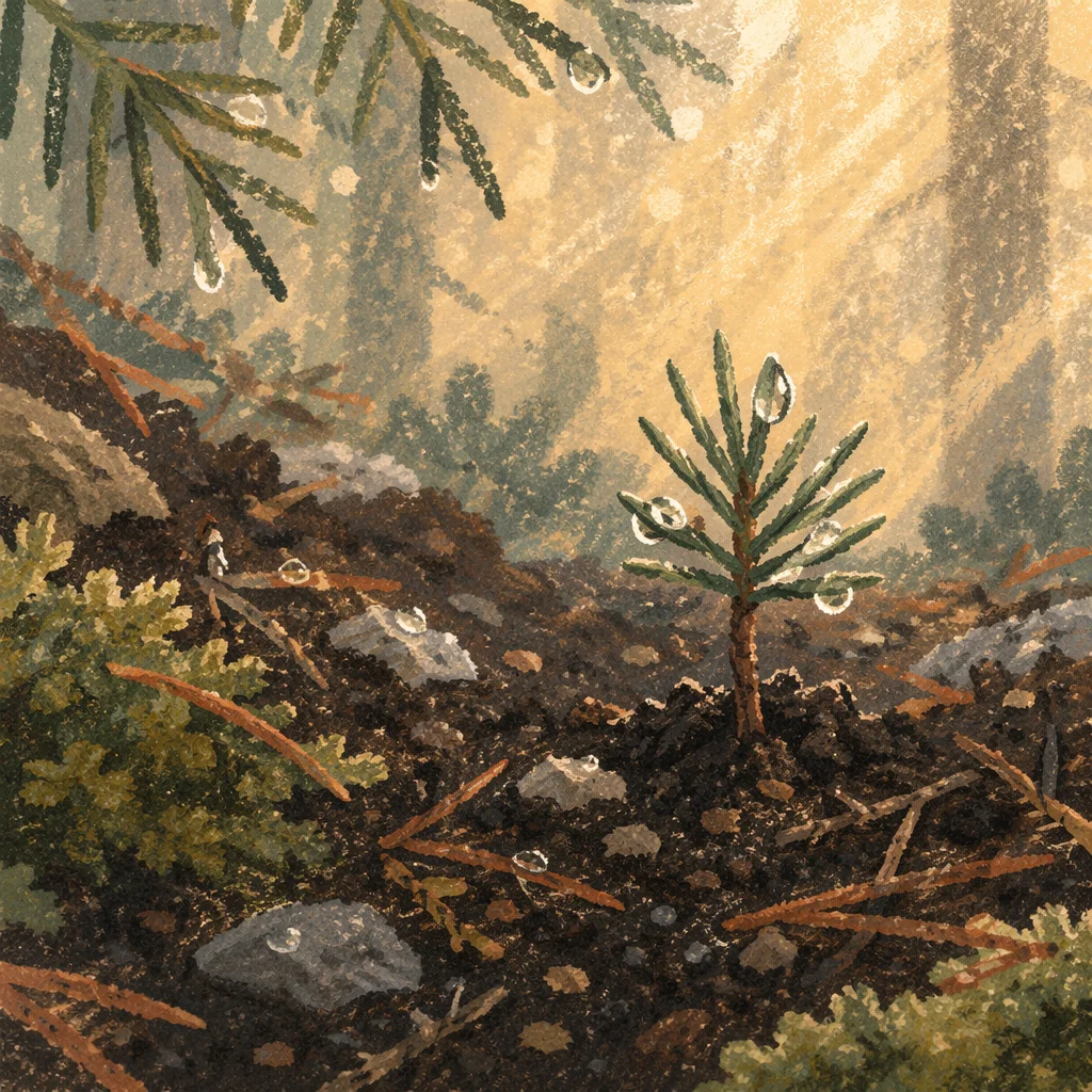Evergreen Seedling Sprouting in Morning Forest Soil
