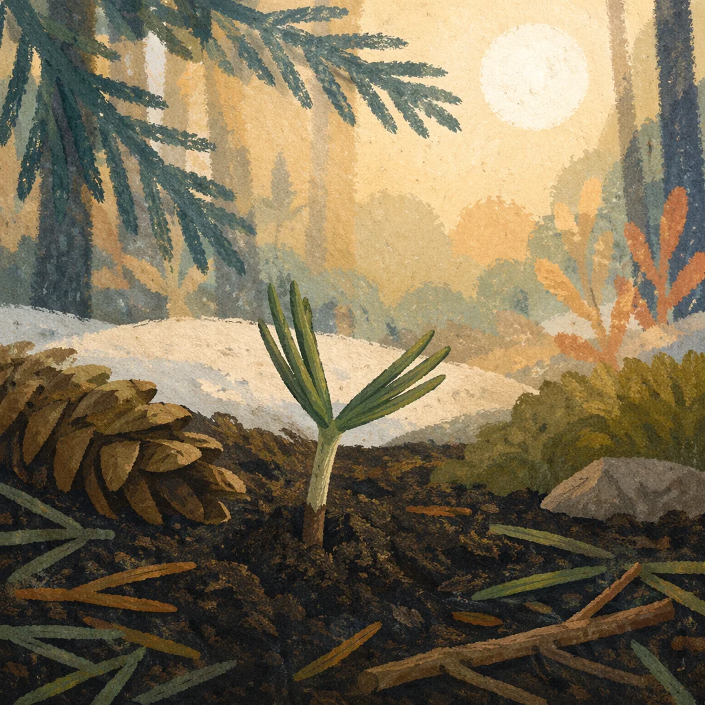 Evergreen Seedling Emerging in Spring Soil