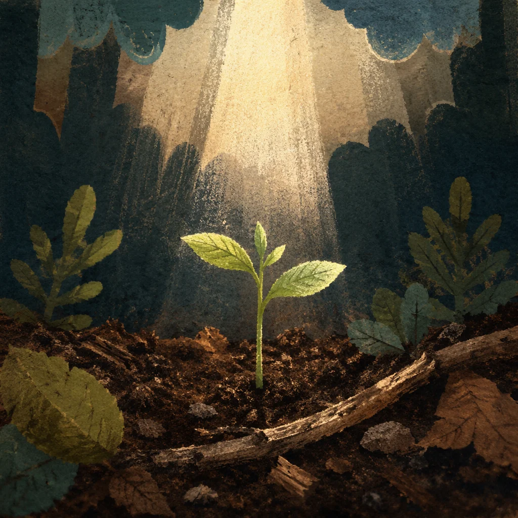 Evergreen Seedling Emerging from Forest Soil