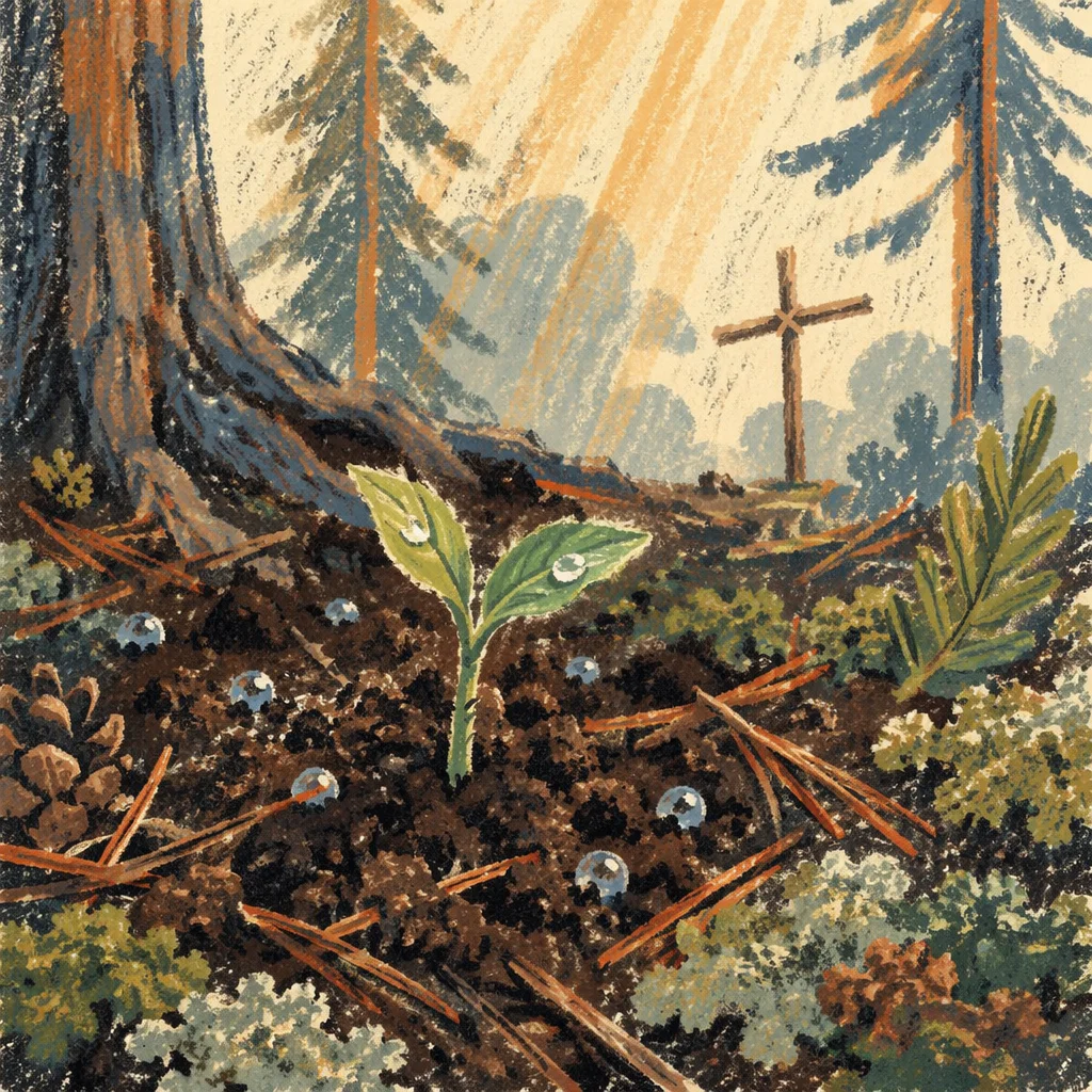Evergreen Seedling Sprout With Subtle Wooden Cross