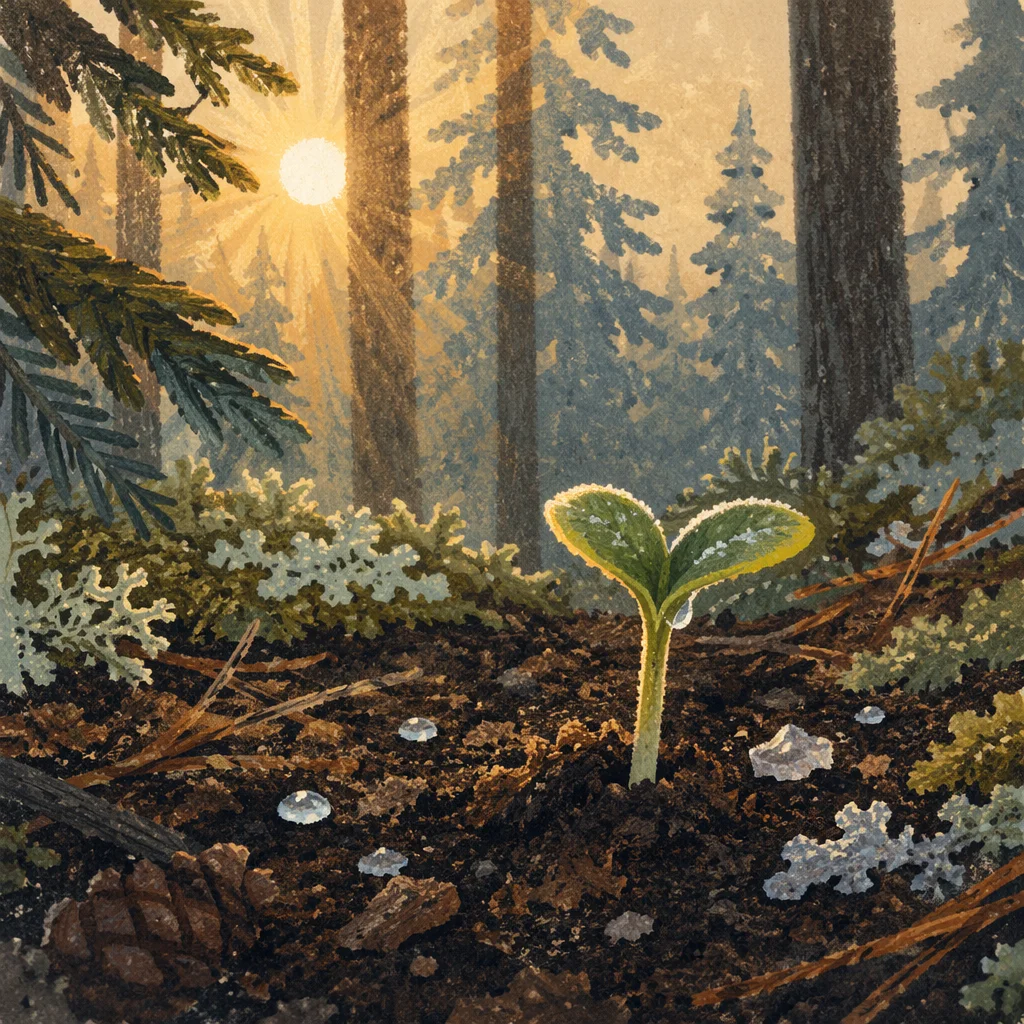 Hopeful Seedling Emerging in Evergreen Forest