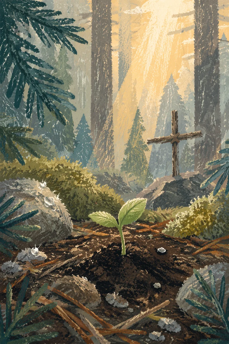 Seedling Sprouting in Evergreen Forest Light