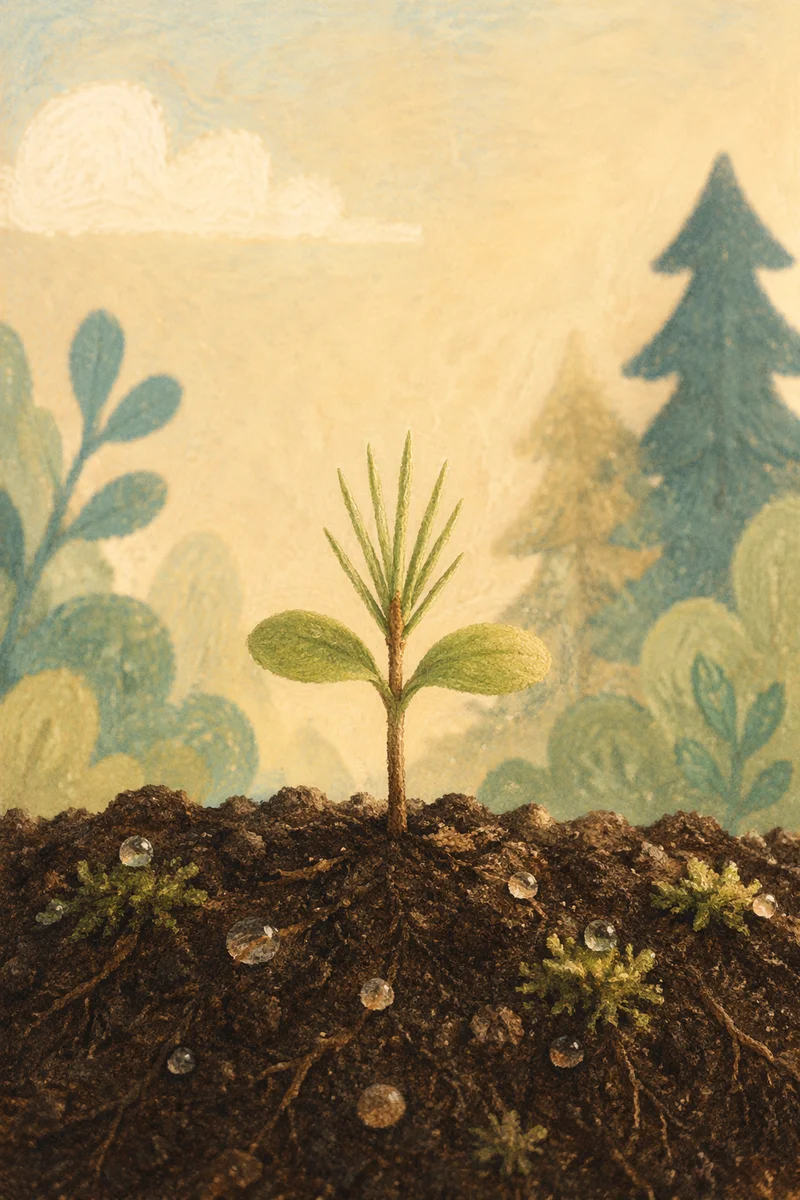 Evergreen Seedling Sprouting in Morning Soil