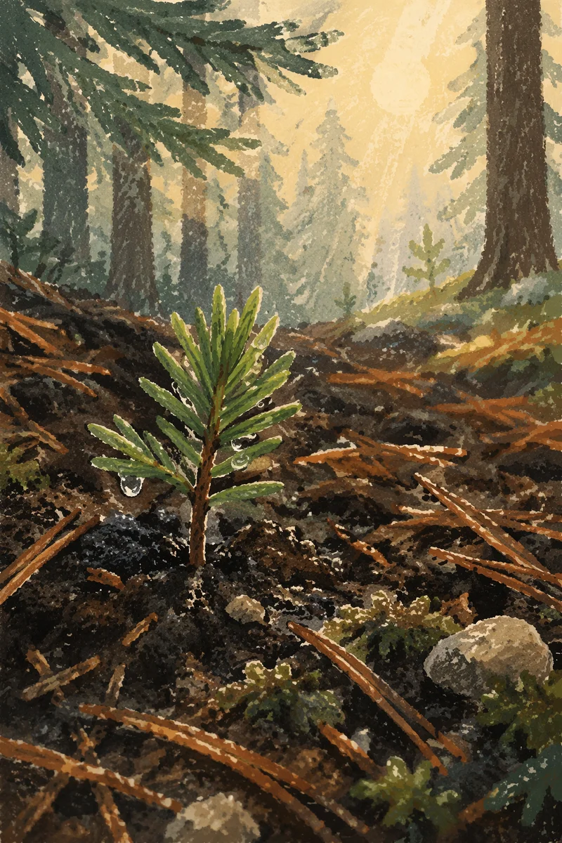 Evergreen Seedling Sprouting in Morning Forest Soil