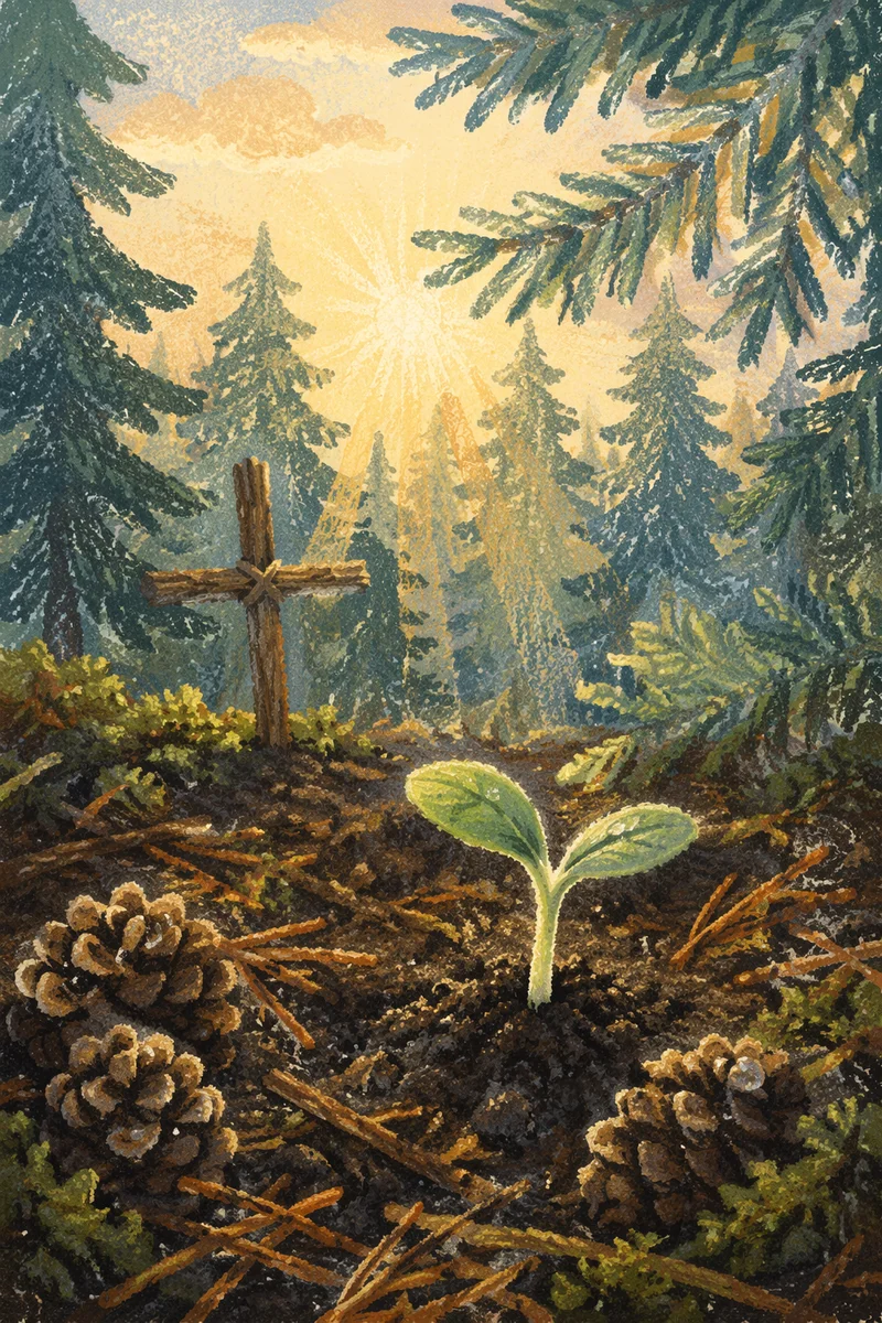 Evergreen Seedling Sprouting Beside Twig Cross