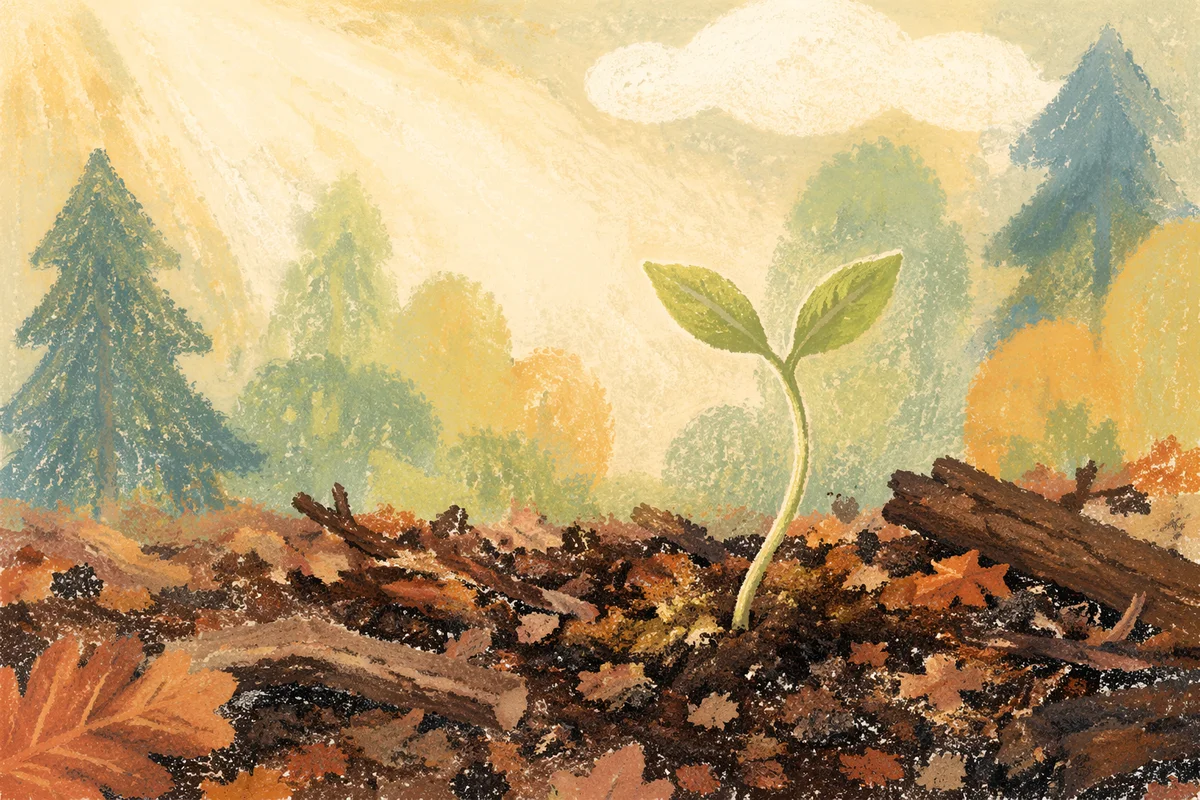 Tender Seedling Rising in Morning Forest Soil