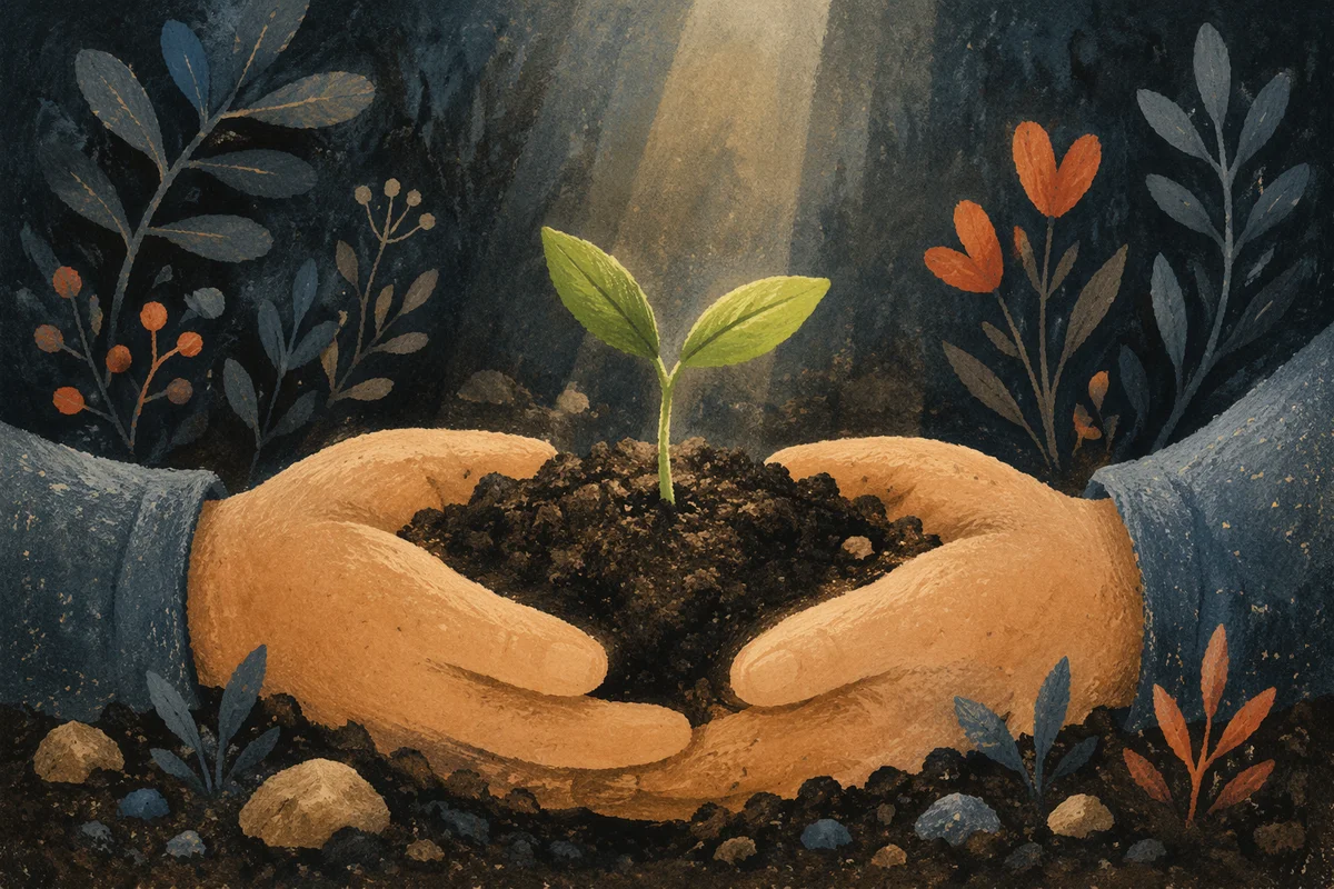 Evergreen Seedling Cradled in Caring Hands