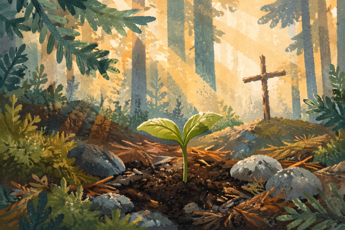 Evergreen Seedling Sprout with Subtle Cross