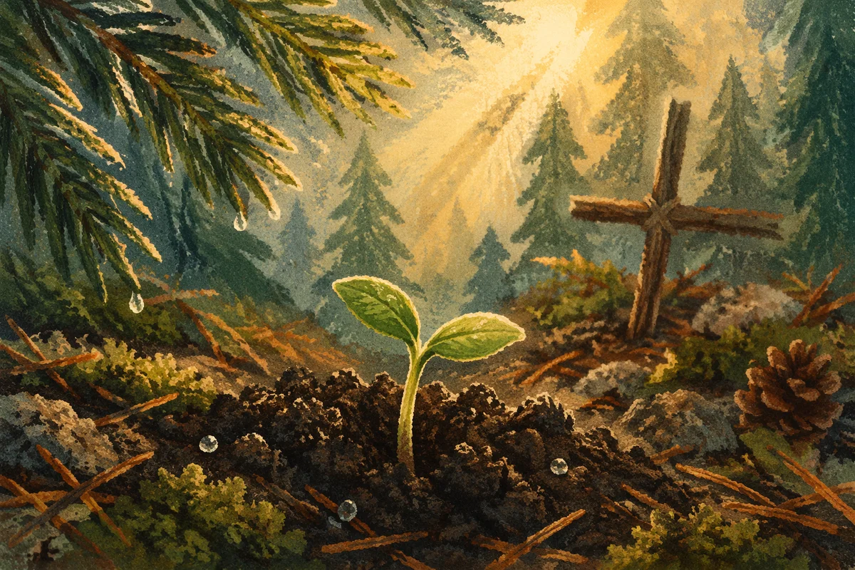 Tiny Sprout in Evergreen Forest Soil