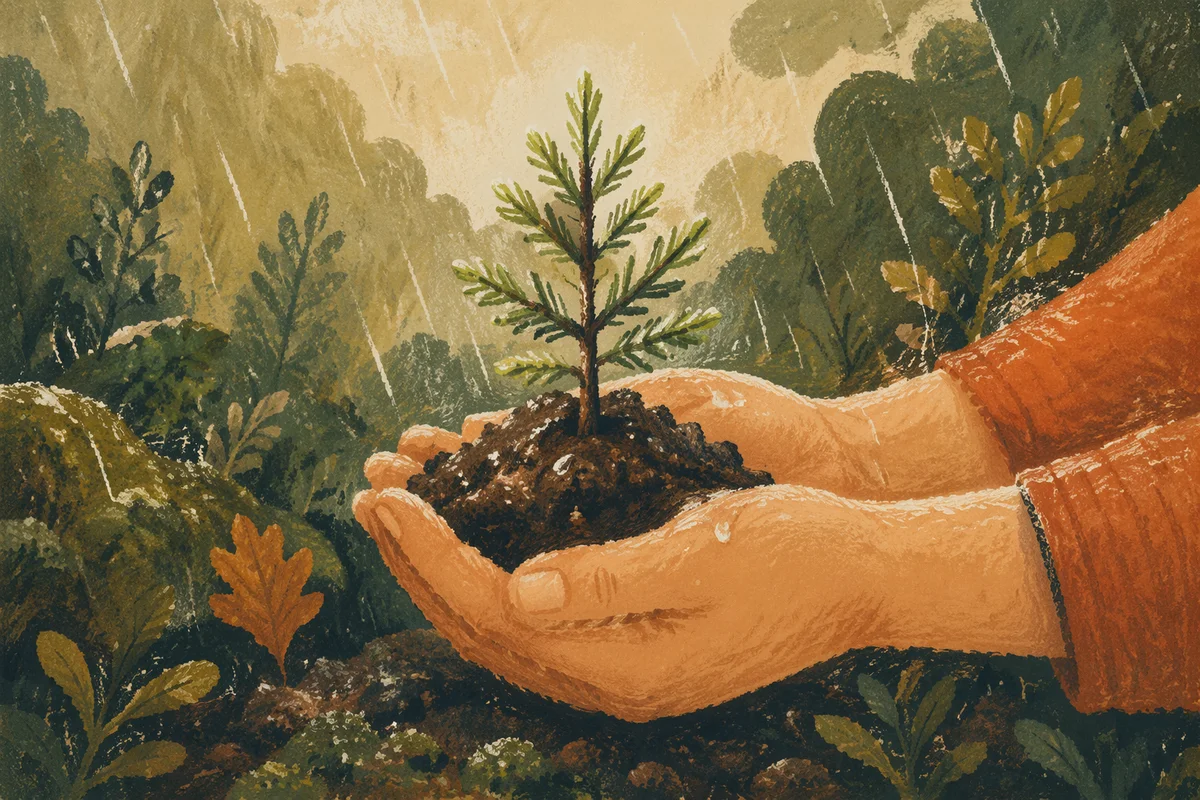 Evergreen Seedling Sprouting in Caring Hands