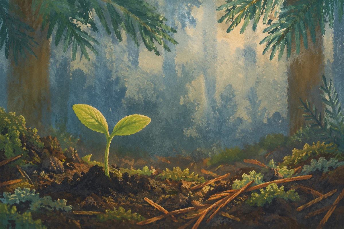 Seedling Rising from Evergreen Forest Soil