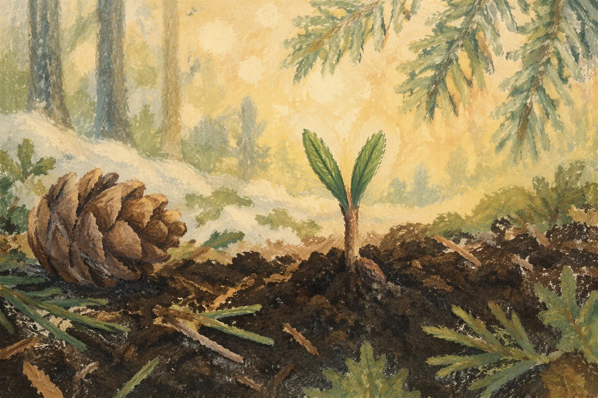 Evergreen Seedling Emerging in Forest Soil