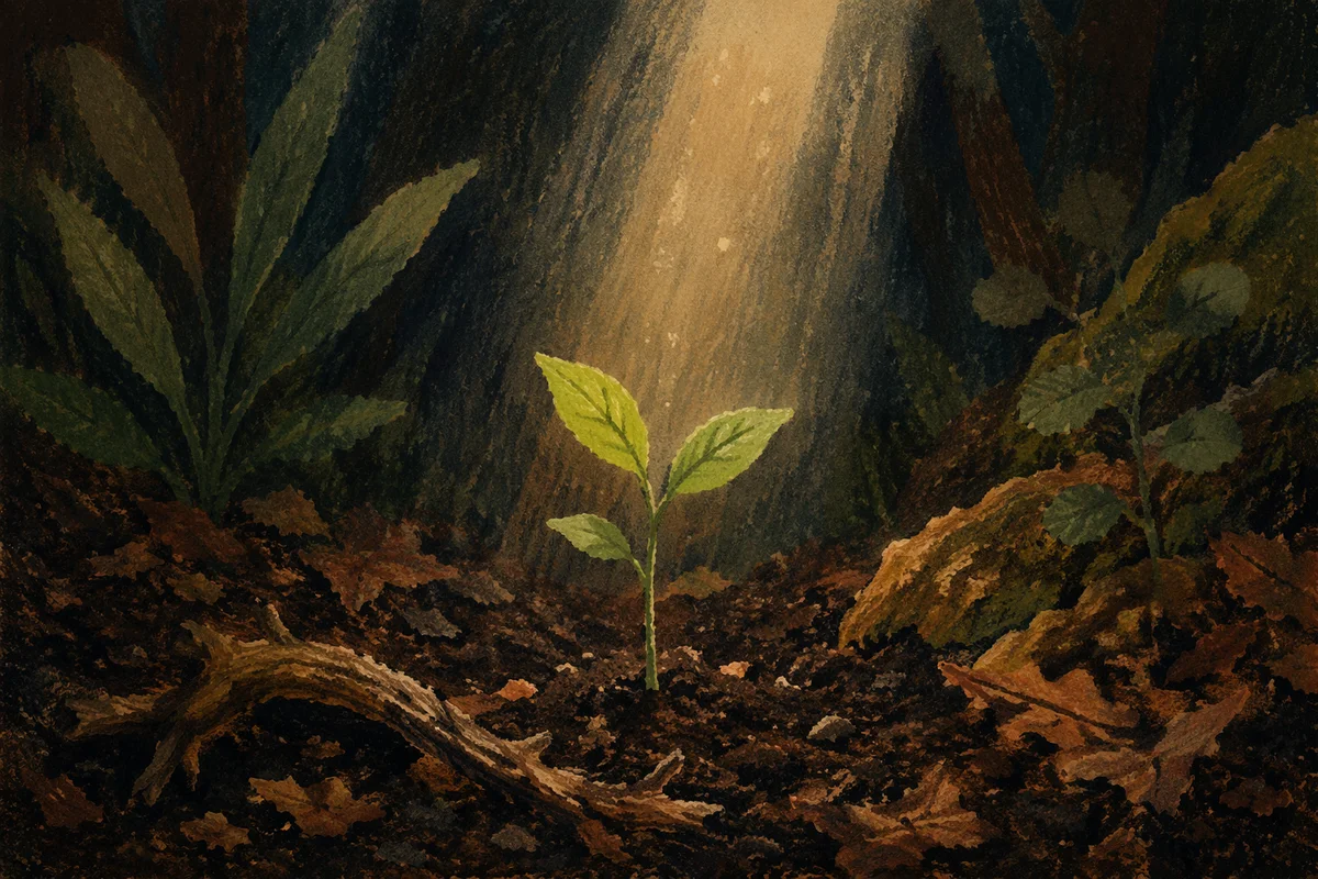 Evergreen Seedling Emerging from Forest Soil