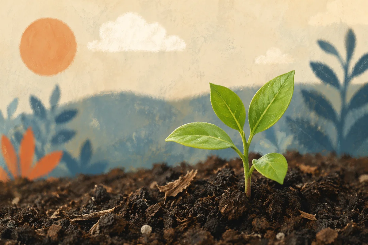 Evergreen Seedling Sprouting in Morning Soil