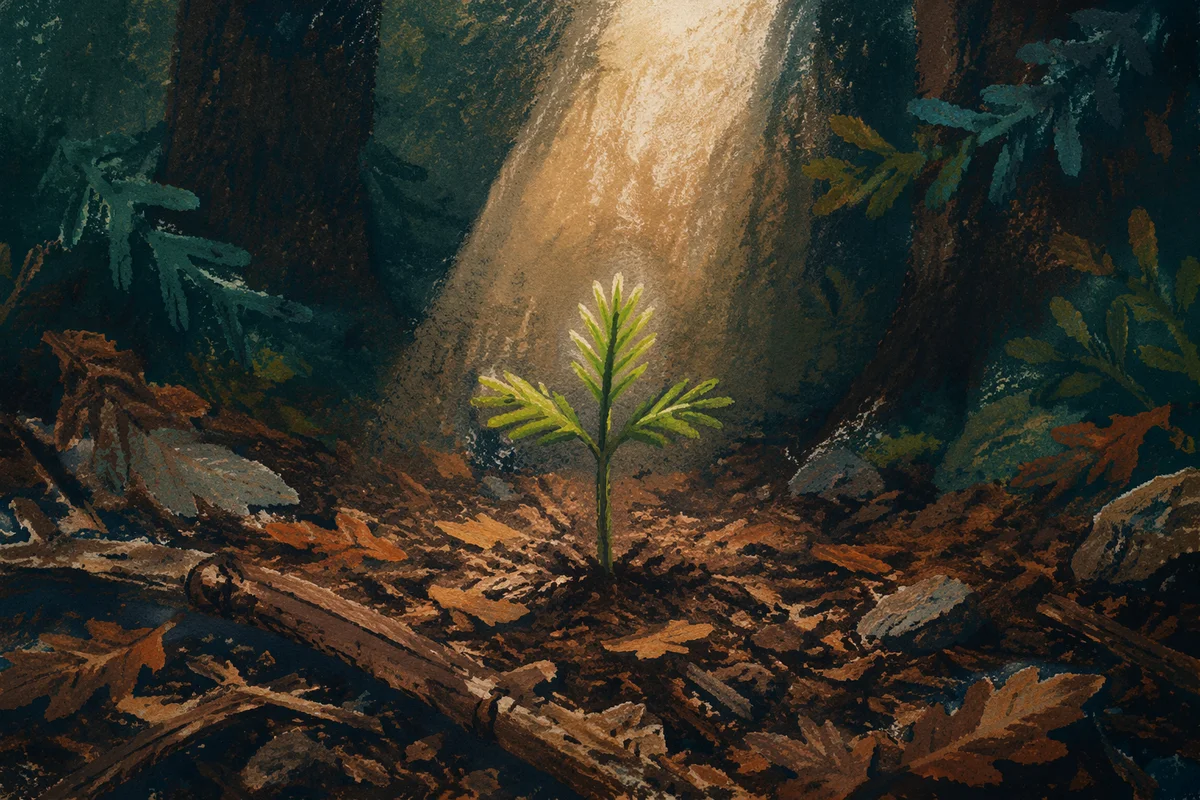 Evergreen Seedling Emerging in Forest Soil