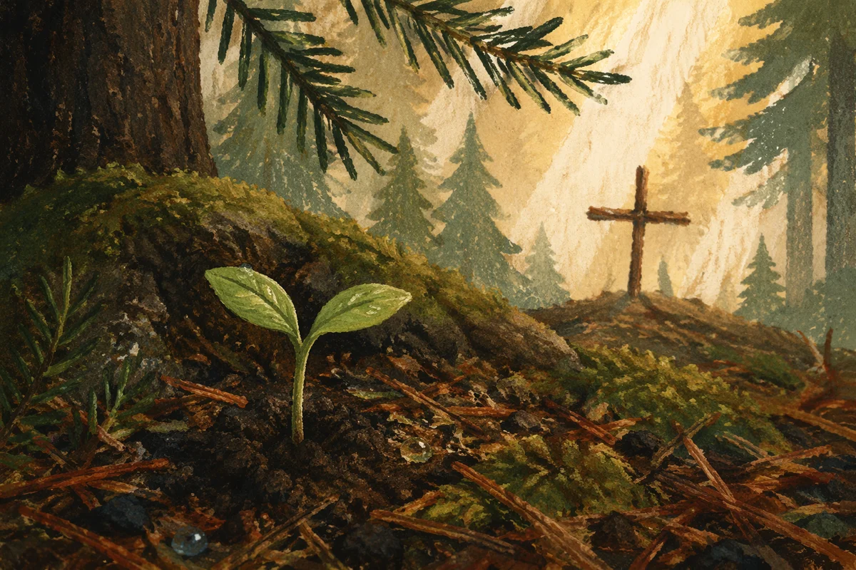 New Life Sprout on Evergreen Forest Floor