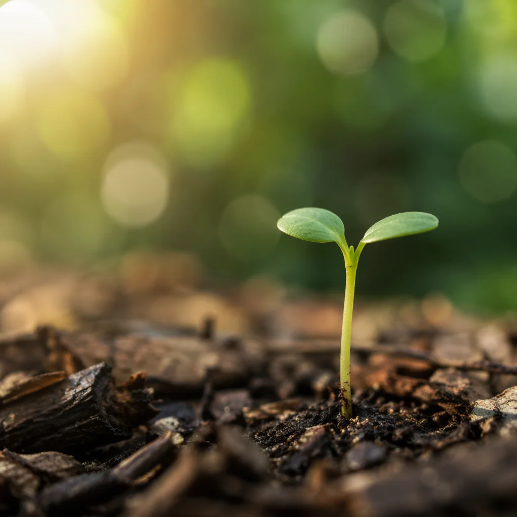 Delicate Seedling Emerging in Morning Forest Soil