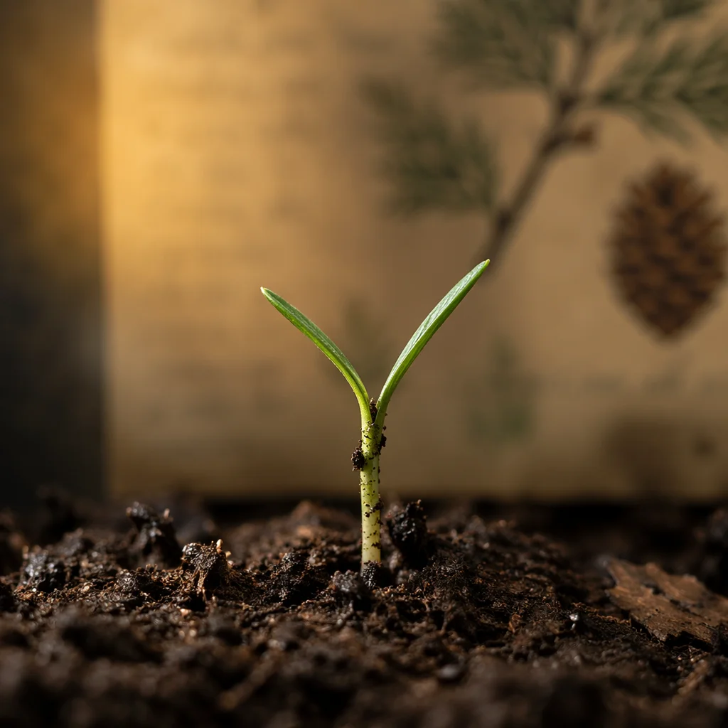 Evergreen Seedling Emerging in Morning Light