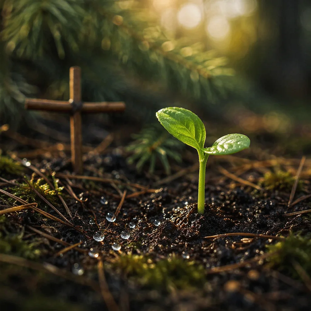 Hopeful Seedling Beside Forest Twig Cross