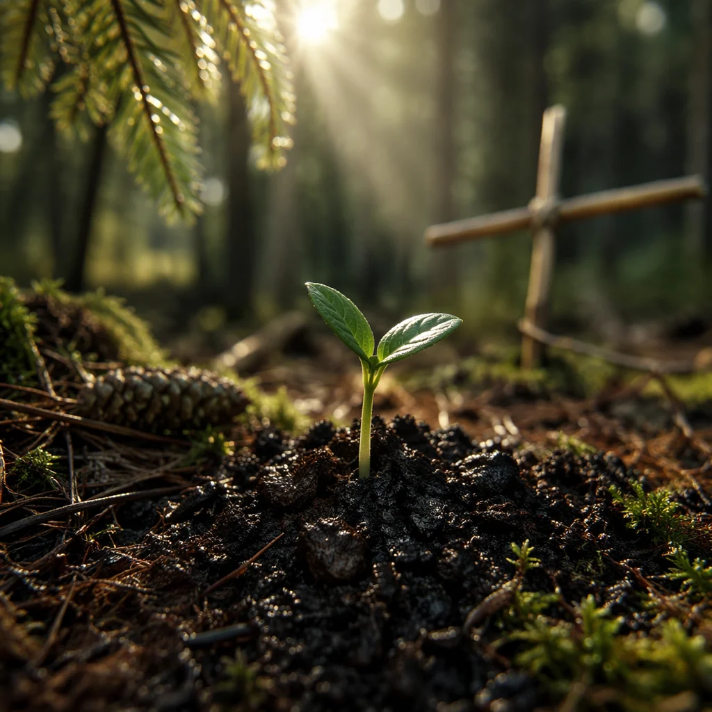 Evergreen Seedling Sprouting in Morning Light