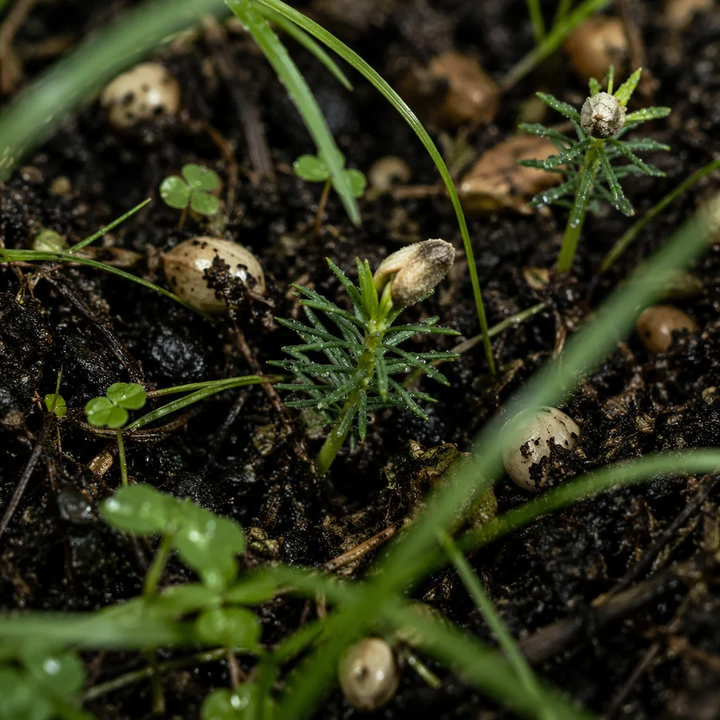 Evergreen Seedlings Sprouting in Morning Soil