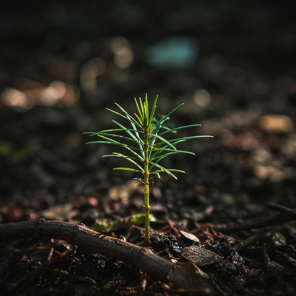 Evergreen Seedling Emerging in Forest Light